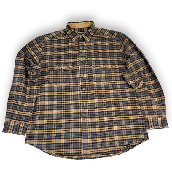 Eddie Bauer Mens L Shirt Flannel Heavy Button Up Gold Gray 100% Cotton - Picture 1 of 12